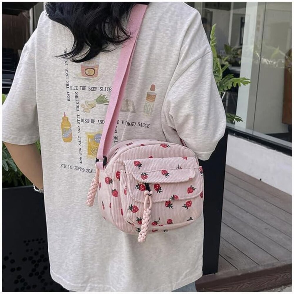 Strawberry Corduroy Tote Bag for Women Small Cute Crossbody Kawaii Purse